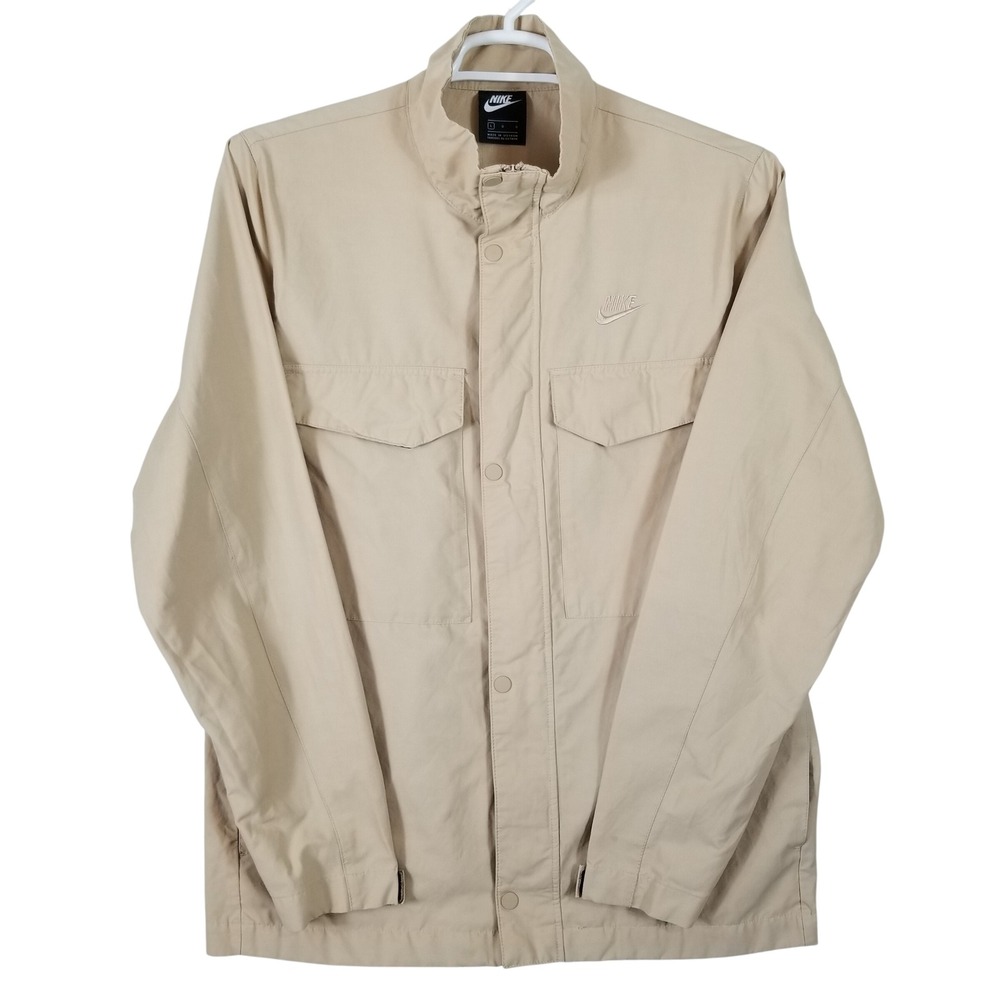 Nike Mens Tan Khaki Cotton Nylon Field Jacket Mock‎ Neck Utility Pockets Large